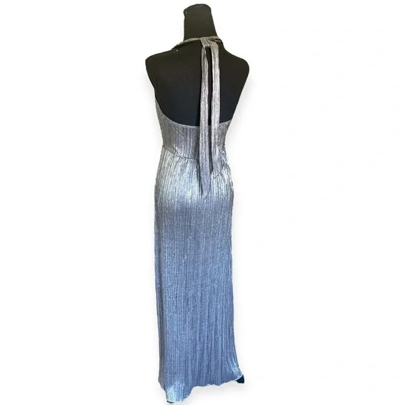 Silver Metallic Pleated Halter Top Maxi Dress Women’s Size Medium Gunmetal - Picture 4 of 11